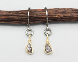 Rough diamond earrings in 18k gold bezel setting with oxidized sterling silver hooks style on the top