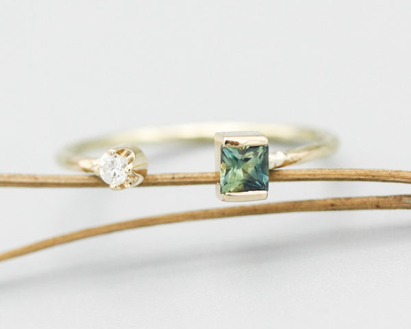 Rare Multi green sapphire and diamond ring in bezel and prongs setting with 14k gold texture band
