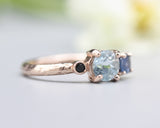 14k Rose gold wedding ring with Blue topaz, blue sapphire,  black spinel gemstone in bezel and prongs setting