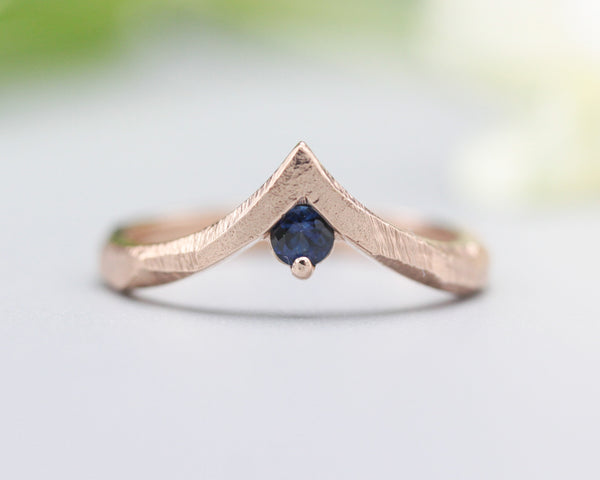 Blue sapphire ring 14k Rose gold crown design with geometric band