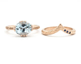 Set of 2 Blue tone, Blue topaz cocktail ring with 14k rose gold texture design band with Rose gold ring and tiny 3 blue sapphire on the side