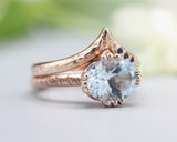 Set of 2 Blue tone, Blue topaz cocktail ring with 14k rose gold texture design band with Rose gold ring and tiny 3 blue sapphire on the side