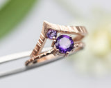 Set of 2 Purple tone,Amethyst ring in prongs setting with 14k rose gold texture design band with Amethyst ring 14k Rose gold crown design