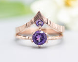 Set of 2 Purple tone,Amethyst ring in prongs setting with 14k rose gold texture design band with Amethyst ring 14k Rose gold crown design