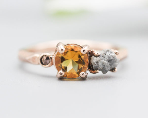 14k Rose gold wedding ring with citrine, rough diamond, pyrite gemstone in bezel and prongs setting