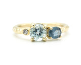 14k gold wedding ring with blue topaz, blue sapphire, diamond gemstone in bezel and prongs setting