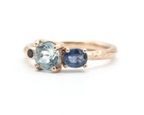14k Rose gold wedding ring with Blue topaz, blue sapphire,  black spinel gemstone in bezel and prongs setting