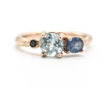 14k Rose gold wedding ring with Blue topaz, blue sapphire,  black spinel gemstone in bezel and prongs setting