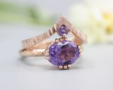 Set of 2 Purple tone, Amethyst cocktail ring with 14k rose gold texture design band with Amethyst ring 14k Rose gold crown design
