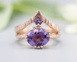 Set of 2 Purple tone, Amethyst cocktail ring with 14k rose gold texture design band with Amethyst ring 14k Rose gold crown design