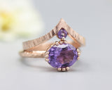 Set of 2 Purple tone, Amethyst cocktail ring with 14k rose gold texture design band with Amethyst ring 14k Rose gold crown design