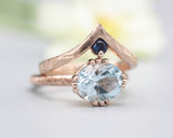 Set of 2 Blue tone, Blue topaz cocktail ring with 14k rose gold texture design band with Blue sapphire ring 14k Rose gold crown design