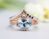 Set of 2 Blue tone, Blue topaz cocktail ring with 14k rose gold texture design band with Rose gold ring and tiny 3 blue sapphire on the side
