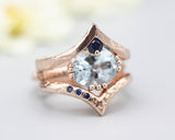 Set of 3 Blue tone, Blue topaz cocktail ring with 14k rose gold texture design band with Rose gold Blue sapphire ring crown design
