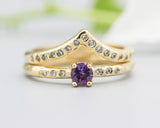 Set of 2 Round faceted amethyst ring and tiny diamonds on 14k gold set with 14k gold hammer texture design band ring and tiny 15 diamond