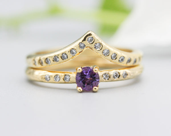 Set of 2 Round faceted amethyst ring and tiny diamonds on 14k gold set with 14k gold hammer texture design band ring and tiny 15 diamond