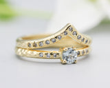 Set of 2 Round faceted blue topaz ring and tiny diamonds on 14k gold set with 14k gold hammer texture design band ring and tiny 15 diamond