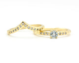 Set of 2 Round faceted blue topaz ring and tiny diamonds on 14k gold set with 14k gold hammer texture design band ring and tiny 15 diamond
