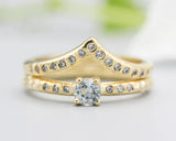 Set of 2 Round faceted blue topaz ring and tiny diamonds on 14k gold set with 14k gold hammer texture design band ring and tiny 15 diamond