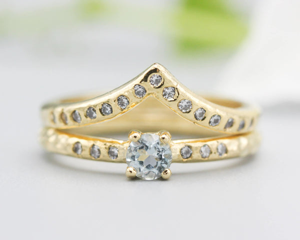 Set of 2 Round faceted blue topaz ring and tiny diamonds on 14k gold set with 14k gold hammer texture design band ring and tiny 15 diamond