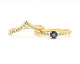 Set of 2 Round faceted blue sapphire ring and tiny diamond on 14k gold set with 14k gold hammer texture design band ring and tiny 15 diamond