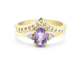 Set of 2 Oval amethyst ring and diamond side set in prongs setting with 14k gold band set with 14k gold band ring and tiny 15 diamond