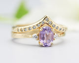 Set of 2 Oval amethyst ring and diamond side set in prongs setting with 14k gold band set with 14k gold band ring and tiny 15 diamond
