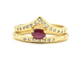 Set of 2 Oval faceted ruby ring and diamonds on 14k gold band set with 14k gold hammer texture design band ring and tiny 15 diamond