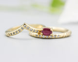 Set of 2 Oval faceted ruby ring and diamonds on 14k gold band set with 14k gold hammer texture design band ring and tiny 15 diamond