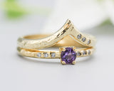 Set of 2 Round amethyst ring in prongs setting with diamond on 14k gold band set with 14k gold band ring with tiny 3 diamond on the side