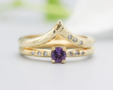 Set of 2 Round amethyst ring in prongs setting with diamond on 14k gold band set with 14k gold band ring with tiny 3 diamond on the side