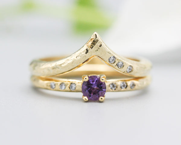 Set of 2 Round amethyst ring in prongs setting with diamond on 14k gold band set with 14k gold band ring with tiny 3 diamond on the side