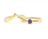 Set of 2 Round amethyst ring in prongs setting with diamond on 14k gold band set with 14k gold band ring with tiny 3 diamond on the side