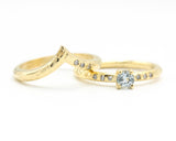 Set of 2 Round blue topaz  ring in prongs setting with diamond on 14k gold band set with 14k gold band ring with tiny 3 diamond on the side