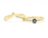 Set of 2 Blue sapphire ring in prongs setting with diamond on 14k gold band set with 14k gold band ring with tiny 3 diamond on the side