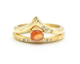 Set of 2 Oval sunstone ring in prongs setting with diamond on 14k gold band set with 14k gold band ring with tiny 3 diamond on the side