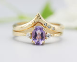 Set of 2 Oval faceted amethyst ring with tiny round diamonds side set with 14k gold band set with 14k gold band ring with tiny 3 diamond