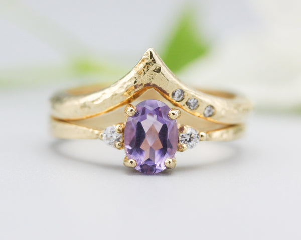 Set of 2 Oval faceted amethyst ring with tiny round diamonds side set with 14k gold band set with 14k gold band ring with tiny 3 diamond