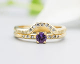 Set of 2 Round faceted amethyst ring with tiny diamonds on 14k gold band set with 14k gold band ring with tiny 7 diamond on the center