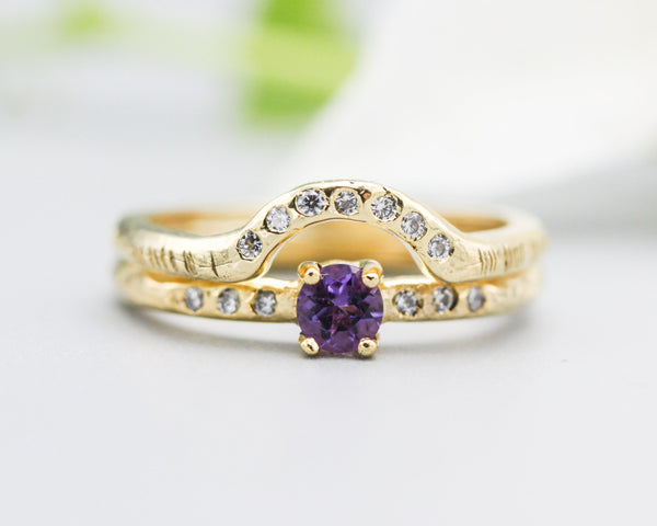 Set of 2 Round faceted amethyst ring with tiny diamonds on 14k gold band set with 14k gold band ring with tiny 7 diamond on the center