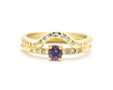 Set of 2 Round faceted amethyst ring with tiny diamonds on 14k gold band set with 14k gold band ring with tiny 7 diamond on the center