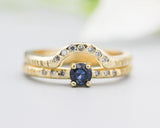 Set of 2 Round faceted blue sapphire ring with tiny diamonds on 14k gold band set with 14k gold band ring with tiny 7 diamond on the center