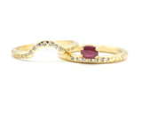 Set of 2 Oval faceted Ruby ring with tiny diamonds on 14k gold band set with 14k gold band ring with tiny 7 diamond on the center