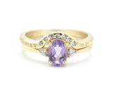 Set of 2 Oval faceted amethyst ring with tiny round diamonds side set with 14k gold band ring with tiny 7 diamond on the center