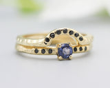 Set of 2 Round faceted blue sapphire ring and tiny black spinel on 14k gold band set with 14k gold band ring and 7 black spinel
