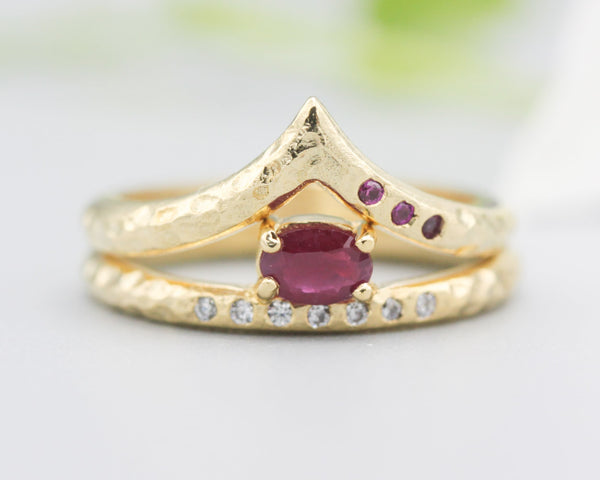Set of 2 Oval faceted Ruby ring with tiny diamonds on 14k gold band set with 14k gold with hammer band ring with tiny 3 ruby on the side