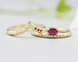 Set of 2 Oval faceted Ruby ring with tiny diamonds on 14k gold band set with 14k gold with hammer band ring with tiny 3 ruby on the side