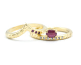 Set of 2 Oval faceted Ruby ring with tiny diamonds on 14k gold band set with 14k gold with hammer band ring with tiny 3 ruby on the side