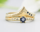 Set of 2 Round faceted blue sapphire ring and diamonds on 14k gold band set with 14k gold band ring with tiny 3 blue sapphire on the side