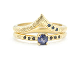 Set of 2 Round faceted blue sapphire ring and tiny black spinel on 14k gold band set with 14k gold band ring with tiny 3 blue sapphire